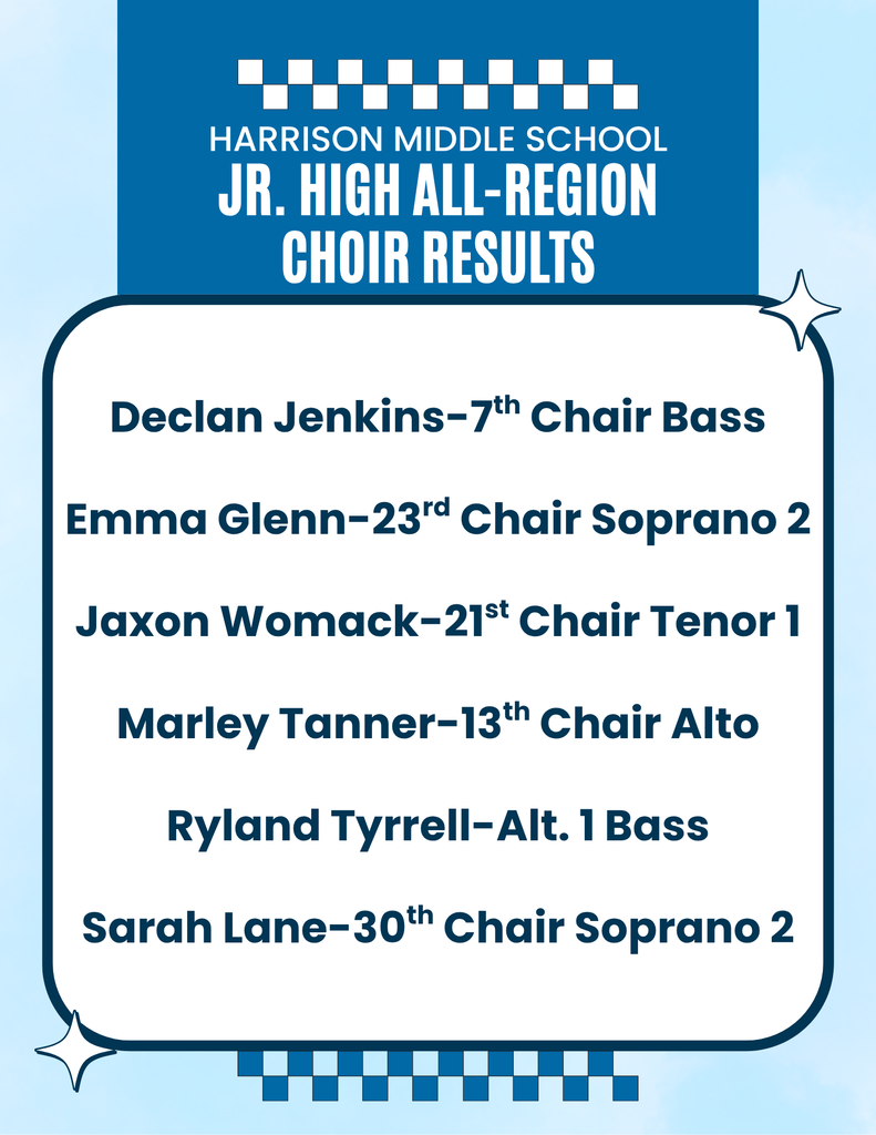 This Saturday 17 HMS students auditioned for the Jr. High All-Region choir and 6 were selected! Please share this graphic anywhere we are allowed to share news. I appreciate any suggestions on the best way to get the news out. We want to celebrate them for their hard work! They will sing in the clinic on November 1st.