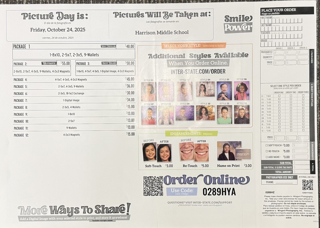 📸 School Picture Day! Harrison Middle School Picture Day is coming up on Friday, October 24th, 2025!  Students will be bringing home picture order forms this week. Orders can be placed by returning the completed form with your student or by ordering online.  Order can also be placed once photo proofs are sent home.   We can’t wait to see all those Great Goblin smiles! 💙💛  #HarrisonMiddleSchool #GreatGoblins #PictureDay