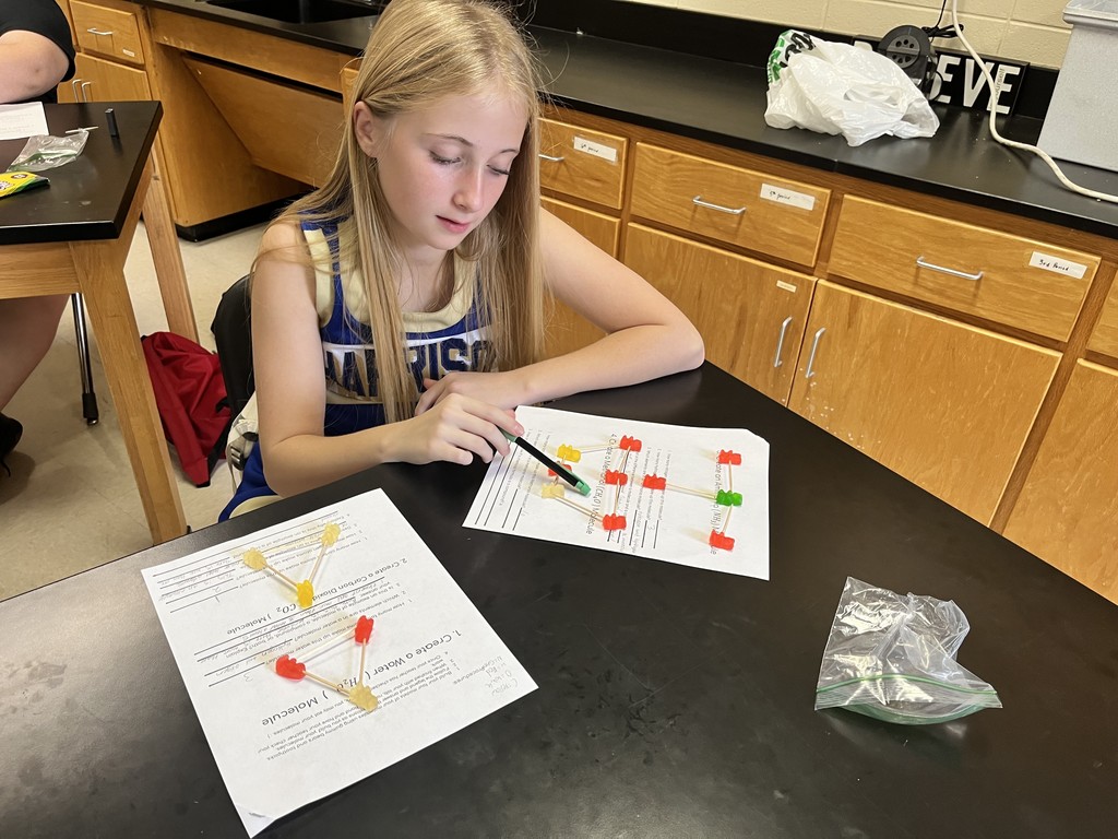 🧪 Hands-On Science Fun! Mrs. Bryant’s science students got creative while learning about molecules! Using gummy bears as atoms and toothpicks as bonds, students built models to show how atoms combine to form different molecules. 🍬🔬  Learning is always sweeter in science class! 💙💛 #HarrisonMiddleSchool #GreatGoblins #HandsOnLearning #ScienceIsSweet