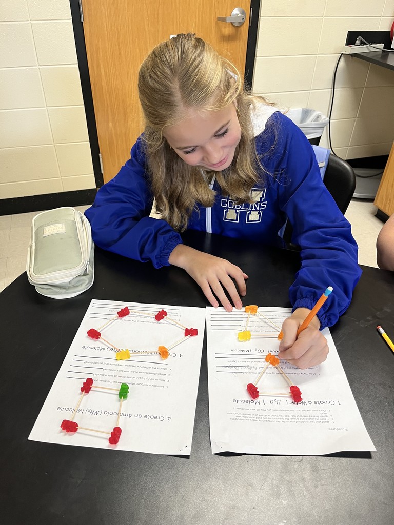 🧪 Hands-On Science Fun! Mrs. Bryant’s science students got creative while learning about molecules! Using gummy bears as atoms and toothpicks as bonds, students built models to show how atoms combine to form different molecules. 🍬🔬  Learning is always sweeter in science class! 💙💛 #HarrisonMiddleSchool #GreatGoblins #HandsOnLearning #ScienceIsSweet