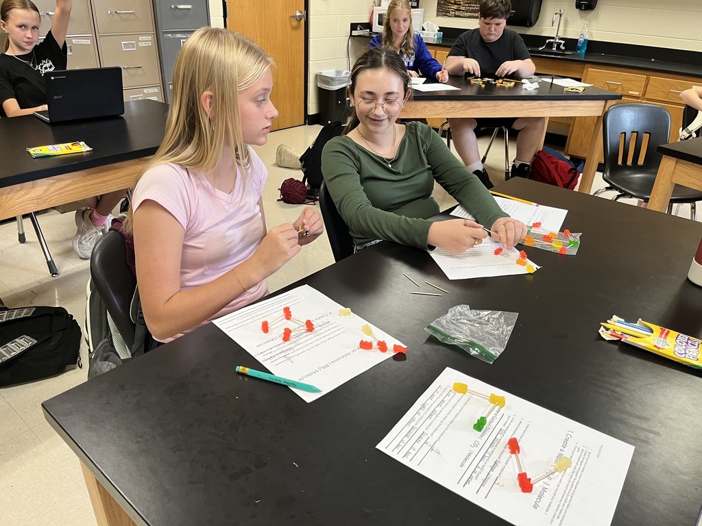 🧪 Hands-On Science Fun! Mrs. Bryant’s science students got creative while learning about molecules! Using gummy bears as atoms and toothpicks as bonds, students built models to show how atoms combine to form different molecules. 🍬🔬  Learning is always sweeter in science class! 💙💛 #HarrisonMiddleSchool #GreatGoblins #HandsOnLearning #ScienceIsSweet