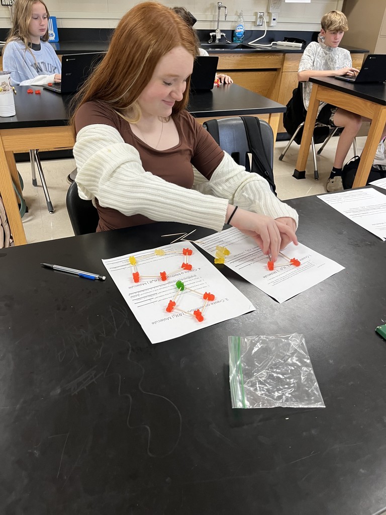 🧪 Hands-On Science Fun! Mrs. Bryant’s science students got creative while learning about molecules! Using gummy bears as atoms and toothpicks as bonds, students built models to show how atoms combine to form different molecules. 🍬🔬  Learning is always sweeter in science class! 💙💛 #HarrisonMiddleSchool #GreatGoblins #HandsOnLearning #ScienceIsSweet