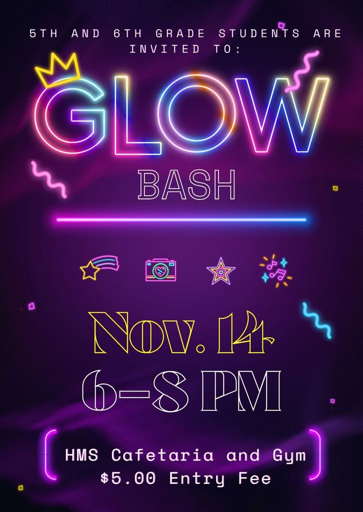 💡🎉 Get Ready to GLOW! Harrison Middle School’s Glow Bash is almost here! 🌟 Open to Harrison Middle School  5th and 6th grade students — come enjoy music, dancing, and glowing fun with friends!  📅 Friday, November 14, 2025 🕕 6:00–8:00 PM 📍 HMS Cafeteria and Gym 🎟 $5 Entry Fee — food and snacks available for purchase 🍕🥤  All proceeds support our HMS Robotics Program! 🤖💙💛 Don’t miss this glowing good time! ✨  #HarrisonMiddleSchool #GreatGoblins #GlowBash #HMSRobotics #StudentFun #MiddleSchoolEvents