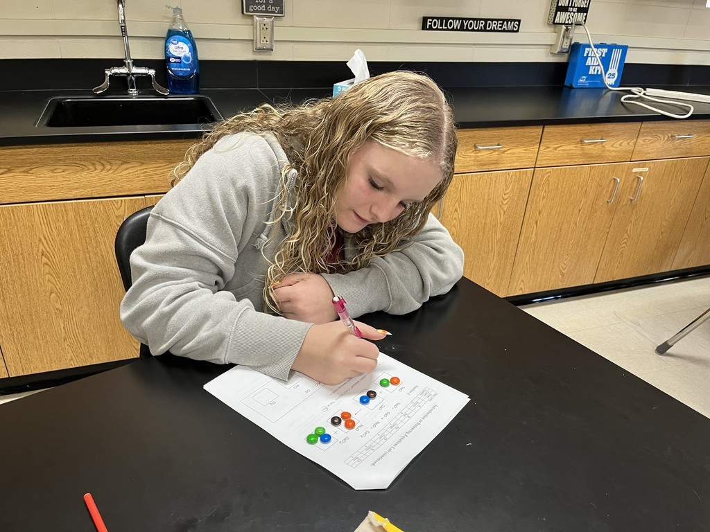 🍬 Science in Action! In Mrs. Bryant’s Science classes, students used M&M’s to represent atoms of different elements! By arranging and rearranging their candy “atoms” to balance chemical equations, they modeled how matter is neither created nor destroyed during a chemical reaction. ⚗️✨  This fun, hands-on activity was a sweet way to explore the Law of Conservation of Mass! 💙💛 #HarrisonMiddleSchool #GreatGoblins #HMSScience #HandsOnLearning #STEMFun #ScienceIsSweet
