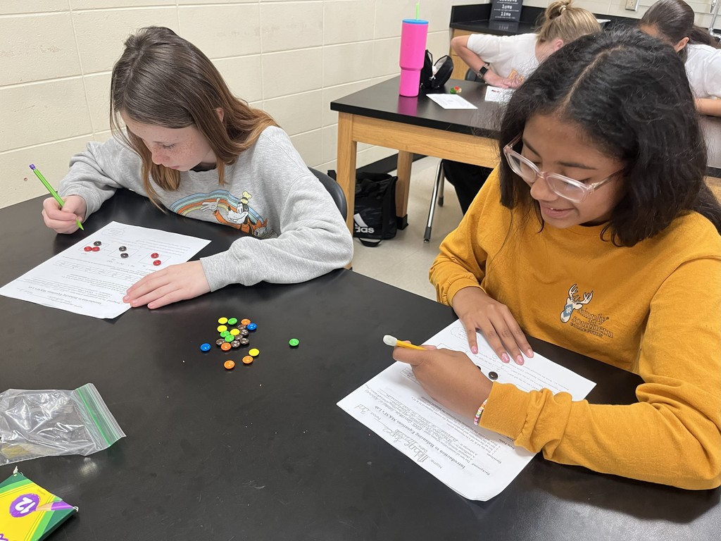 🍬 Science in Action! In Mrs. Bryant’s Science classes, students used M&M’s to represent atoms of different elements! By arranging and rearranging their candy “atoms” to balance chemical equations, they modeled how matter is neither created nor destroyed during a chemical reaction. ⚗️✨  This fun, hands-on activity was a sweet way to explore the Law of Conservation of Mass! 💙💛 #HarrisonMiddleSchool #GreatGoblins #HMSScience #HandsOnLearning #STEMFun #ScienceIsSweet