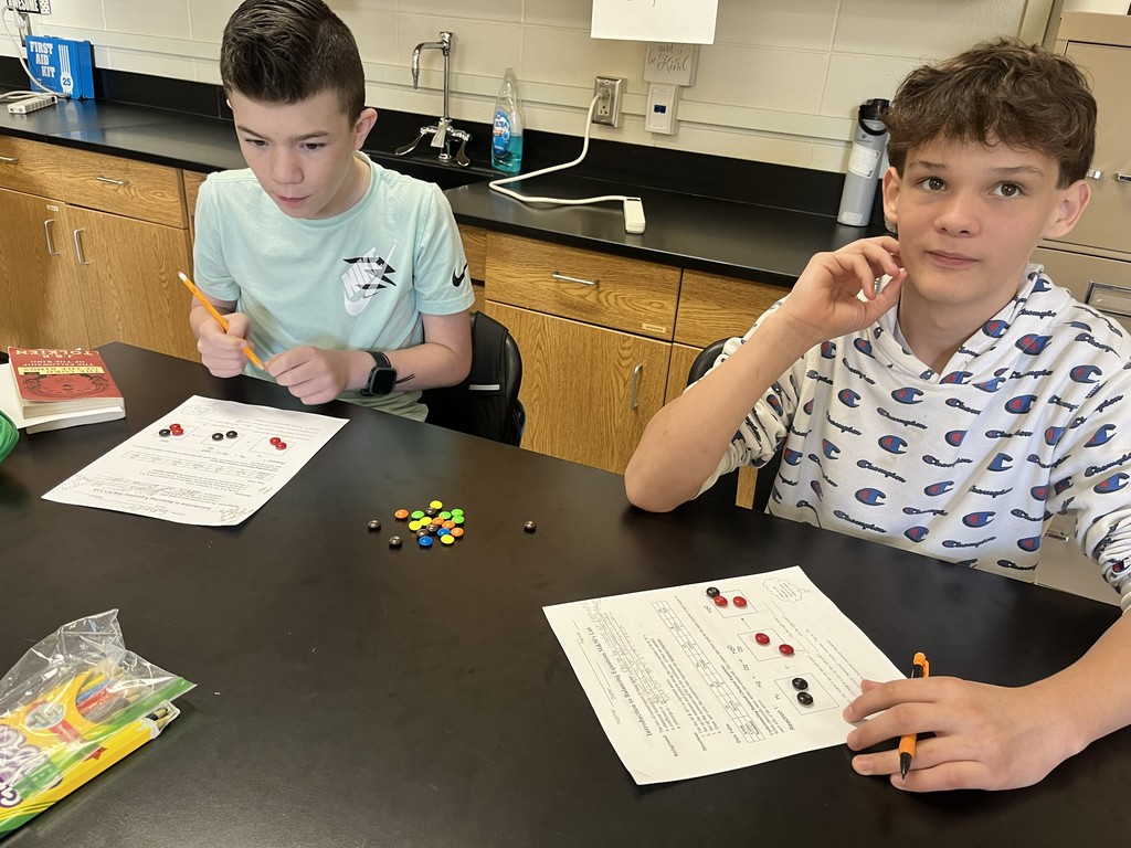 🍬 Science in Action! In Mrs. Bryant’s Science classes, students used M&M’s to represent atoms of different elements! By arranging and rearranging their candy “atoms” to balance chemical equations, they modeled how matter is neither created nor destroyed during a chemical reaction. ⚗️✨  This fun, hands-on activity was a sweet way to explore the Law of Conservation of Mass! 💙💛 #HarrisonMiddleSchool #GreatGoblins #HMSScience #HandsOnLearning #STEMFun #ScienceIsSweet