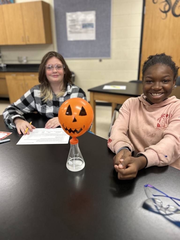 🎈 Science in Action! Mrs. Scoggins’ science students experimented with chemical reactions to review the Law of Conservation of Matter and balancing equations. ⚗️  By mixing acetic acid (vinegar) and sodium bicarbonate (baking soda), students produced carbon dioxide gas — enough to inflate their balloons! 🎈💙💛  #HarrisonMiddleSchool #GreatGoblins #HMSScience #HandsOnLearning #STEMFun #ChemicalReactions