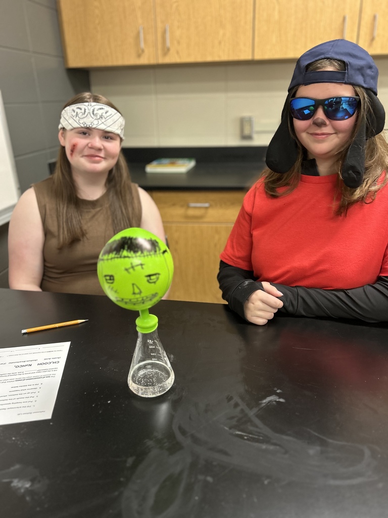 🎈 Science in Action! Mrs. Scoggins’ science students experimented with chemical reactions to review the Law of Conservation of Matter and balancing equations. ⚗️  By mixing acetic acid (vinegar) and sodium bicarbonate (baking soda), students produced carbon dioxide gas — enough to inflate their balloons! 🎈💙💛  #HarrisonMiddleSchool #GreatGoblins #HMSScience #HandsOnLearning #STEMFun #ChemicalReactions