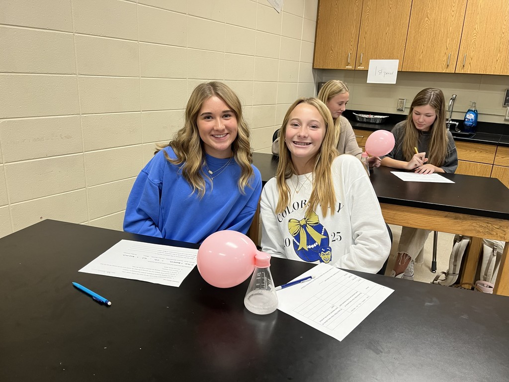 In Mrs. Bryant’s science class, students experimented with acetic acid and sodium carbonate. When these two reactants were combined inside a balloon, they produced water, carbon dioxide, and sodium acetate — causing the balloon to inflate!  Students observed that the mass of the reactants equaled the mass of the products, demonstrating the Law of Conservation of Matter. ⚗️💙💛  #HarrisonMiddleSchool #GreatGoblins #HMSScience #HandsOnLearning #STEMFun #ConservationOfMatter