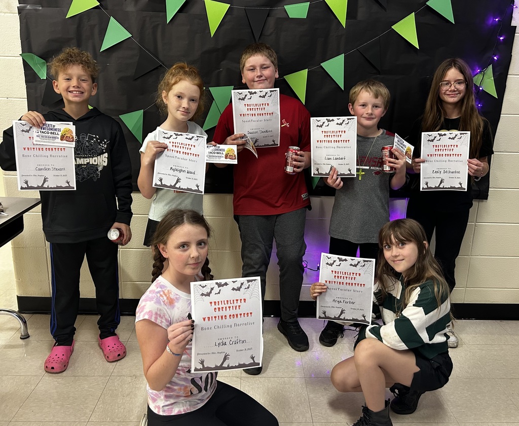 🎃✨ Trailblazer Spooky Narrative Writing Contest Winners! ✨🎃  In October, HMS hosted the Trailblazer Spooky Narrative Writing Contest! Students had the opportunity to show off their storytelling talents and creativity.  Winners received cash prizes ($25, $15, $10), a writing journal + pen, and other fun treats!  🏆 Winners: 🥇 1st – Addie S. 🥈 2nd – Finley B. 🥉 3rd – Whitney B.  👏 Honorable Mentions: Zeely D. Dawson J. Camden S. Arya F. Ryleighn W. Harper S. (not pictured) Lydia C, Liam L.  We are so proud of these students for their creativity and hard work. Way to go, Trailblazers! 💙💛  #HarrisonMiddleSchool #GreatGoblins #Trailblazers #WritingContest #StudentWriters #CelebrateSuccess
