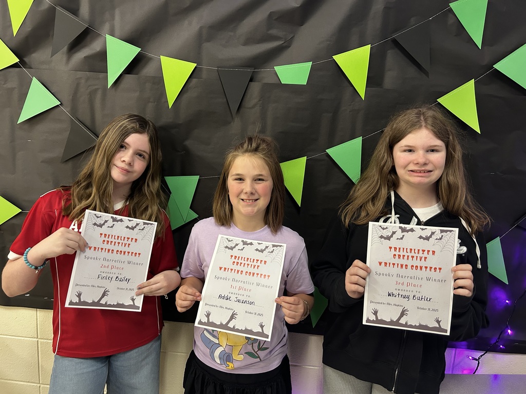 🎃✨ Trailblazer Spooky Narrative Writing Contest Winners! ✨🎃  In October, HMS hosted the Trailblazer Spooky Narrative Writing Contest! Students had the opportunity to show off their storytelling talents and creativity.  Winners received cash prizes ($25, $15, $10), a writing journal + pen, and other fun treats!  🏆 Winners: 🥇 1st – Addie S. 🥈 2nd – Finley B. 🥉 3rd – Whitney B.  👏 Honorable Mentions: Zeely D. Dawson J. Camden S. Arya F. Ryleighn W. Harper S. (not pictured) Lydia C, Liam L.  We are so proud of these students for their creativity and hard work. Way to go, Trailblazers! 💙💛  #HarrisonMiddleSchool #GreatGoblins #Trailblazers #WritingContest #StudentWriters #CelebrateSuccess