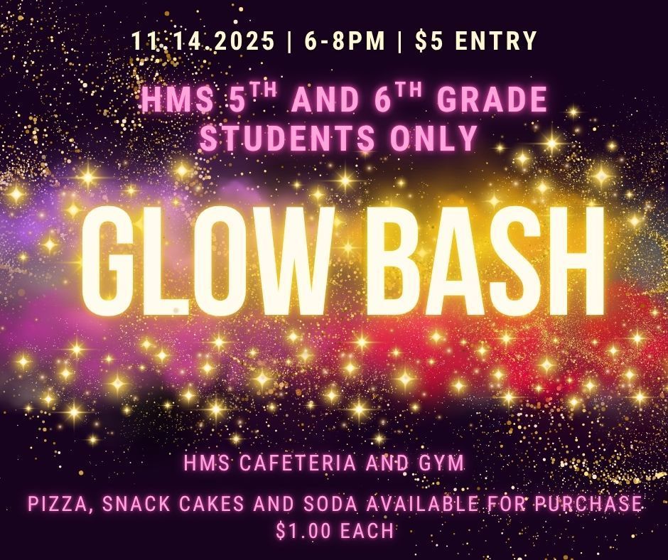 💡✨ Get Ready to GLOW! ✨💡 The HMS Glow Bash is just around the corner — and it’s going to be a night to remember!  🎉 Open to all HMS 5th & 6th Graders Come hang out with friends and enjoy music, dancing, and tons of glowing fun!  📅 Friday, November 14, 2025 ⏰ 6:00–8:00 PM 📍 HMS Cafeteria & Gym 🎟️ $5 Admission 🍕 Snacks + food available for purchase  All proceeds benefit our HMS Robotics Program 🤖 Don’t miss this bright + exciting night! 💙💛  #HarrisonMiddleSchool #GreatGoblins #GlowBash #HMSRobotics #StudentFun #MiddleSchoolEvents