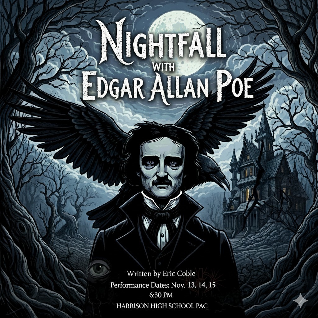 The Theatre Department's production of Nightfall With Edgar Allan Poe has performances Nov 13th, 14th, and 15th at 6:30pm. The show run time is around an hour. The students have worked hard to bring you The Raven, The Fall of the House of Usher, and The Tell-Tale Heart. Please join us on this descent into madness!