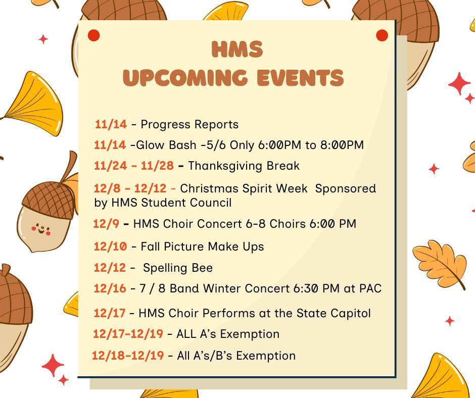 📅 Upcoming Events at Harrison Middle School!  Check out what’s happening on campus in the coming weeks — we have lots of exciting activities planned for our Great Goblins! 💙💛  Stay tuned and mark your calendars!  #HarrisonMiddleSchool #GreatGoblins #HMSEvents #SaveTheDate
