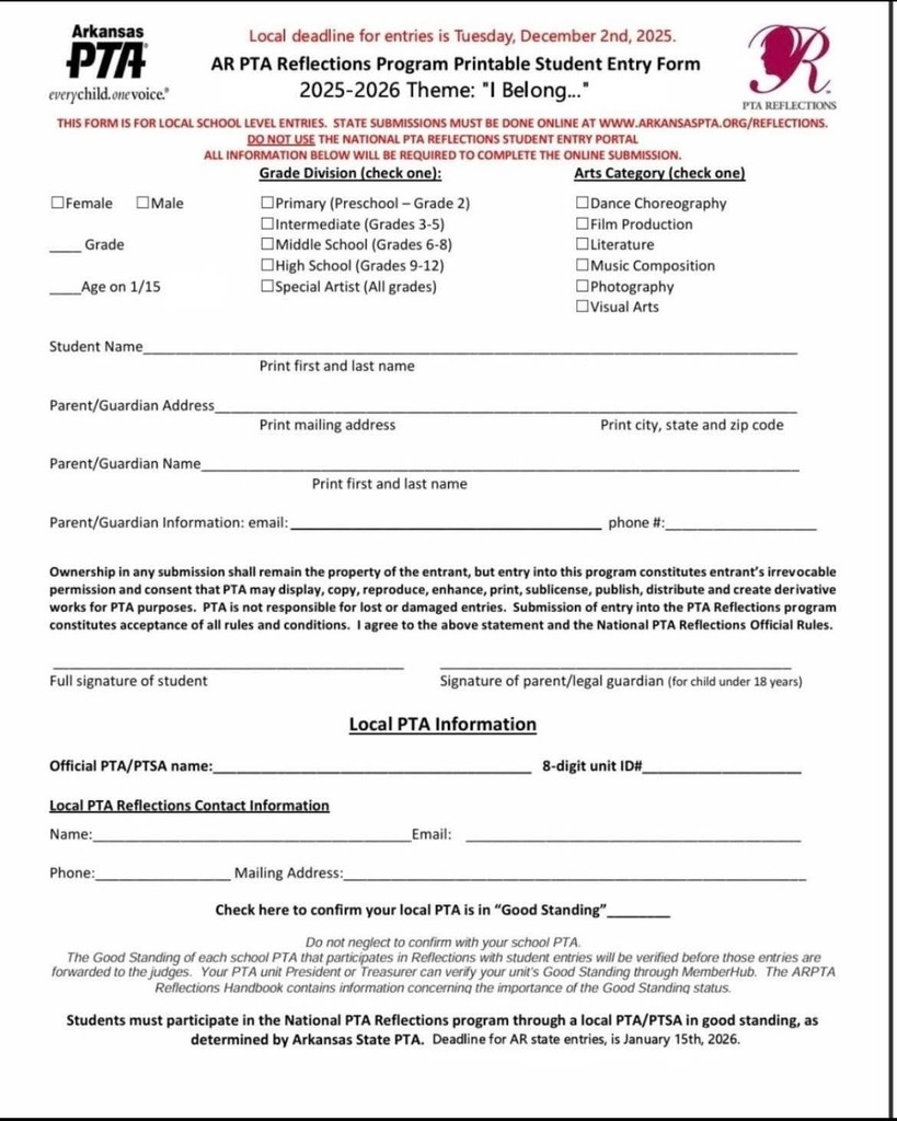 🎨 Reflections Contest 2025 🎭  If you’re interested in participating in this year’s Reflections contest, all the details are below!  📋 Applications: Available now in the HMS office  🗓️ Due Date: December 2  Show off your creativity — we can’t wait to see your amazing work! 💫