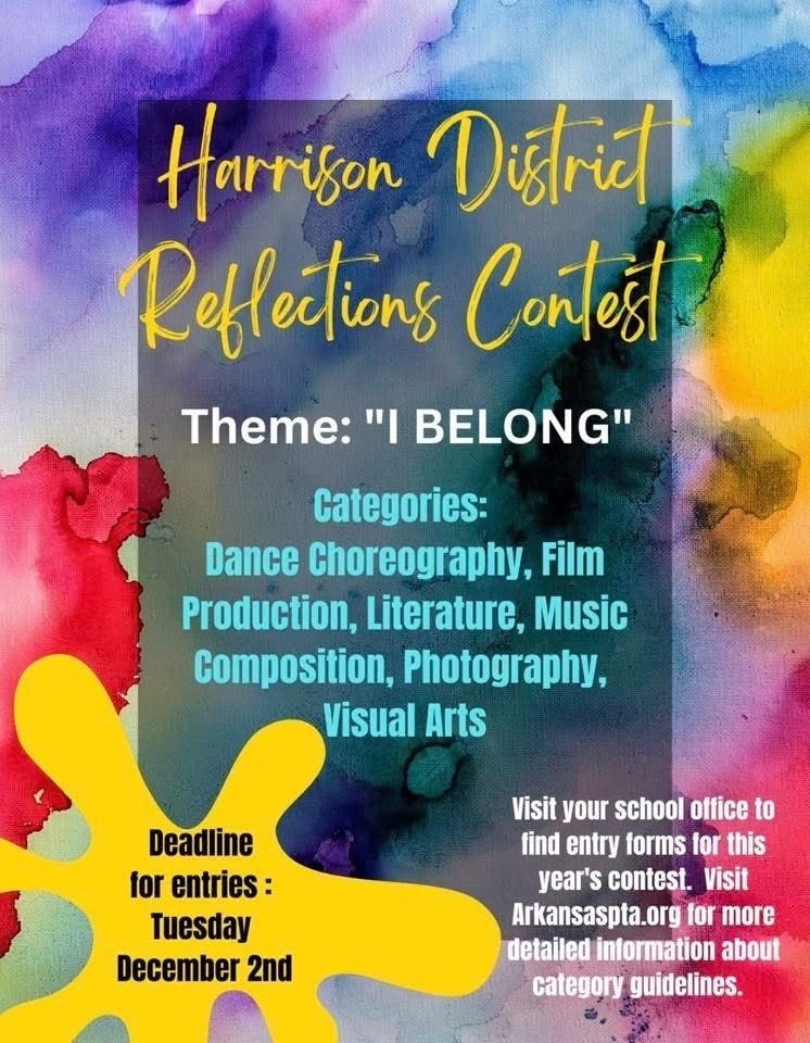 🎨 Reflections Contest 2025 🎭  If you’re interested in participating in this year’s Reflections contest, all the details are below!  📋 Applications: Available now in the HMS office  🗓️ Due Date: December 2  Show off your creativity — we can’t wait to see your amazing work! 💫