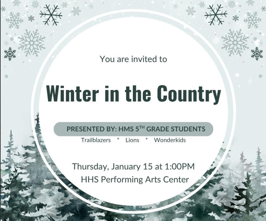 ❄️🌾 Winter in the Country 🌾❄️  Join us Thursday, January 15 at 1:00 PM in the Harrison Performing Arts Center as our 5th grade students present Winter in the Country!  Performance order will be: • Trailblazers • Lions • Wonderkids  We hope to see you there to celebrate their hard work and enjoy a fun winter performance! 💙💛  #HarrisonMiddleSchool #GreatGoblins #WinterInTheCountry #5thGrade #PAC #StudentShowcase