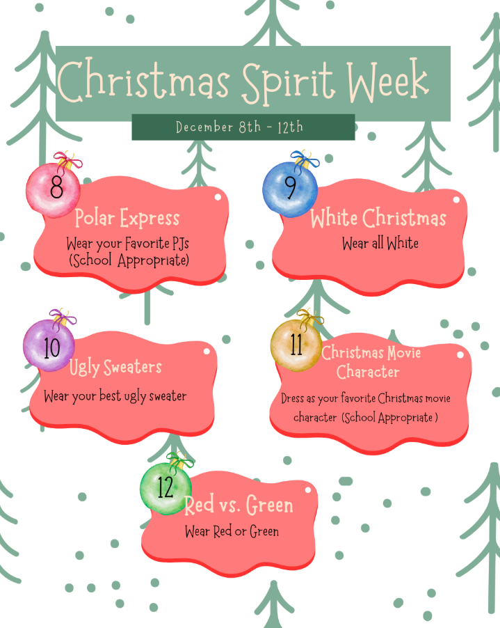 Get your Christmas outfits ready!  We will have a Christmas spirit week from December 8th - 12th.  