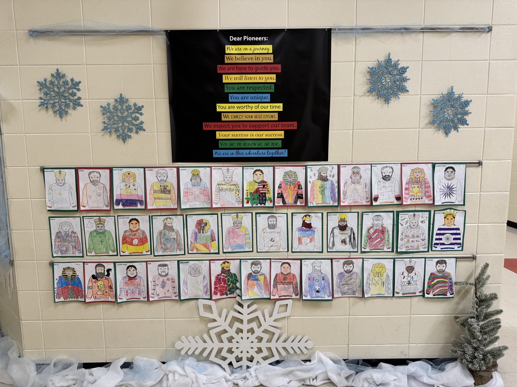 A huge thank you to Haley Bright and her son, Walker, for turning our Pioneer Hallway into a magical Winter Wonderland! ❄️✨  Their creativity, hard work, and festive spirit transformed the space for the holiday season. Our students LOVE walking through the hallway each day and enjoy seeing their own work added to the festive feel! 💙💛  Thank you for helping make HMS shine!    #HarrisonMiddleSchool #GreatGoblins #HolidaySpirit #ChristmasAtHMS #FestiveFun