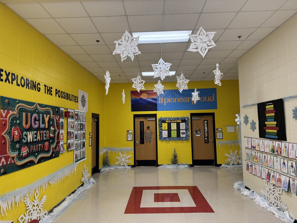 A huge thank you to Haley Bright and her son, Walker, for turning our Pioneer Hallway into a magical Winter Wonderland! ❄️✨  Their creativity, hard work, and festive spirit transformed the space for the holiday season. Our students LOVE walking through the hallway each day and enjoy seeing their own work added to the festive feel! 💙💛  Thank you for helping make HMS shine!    #HarrisonMiddleSchool #GreatGoblins #HolidaySpirit #ChristmasAtHMS #FestiveFun
