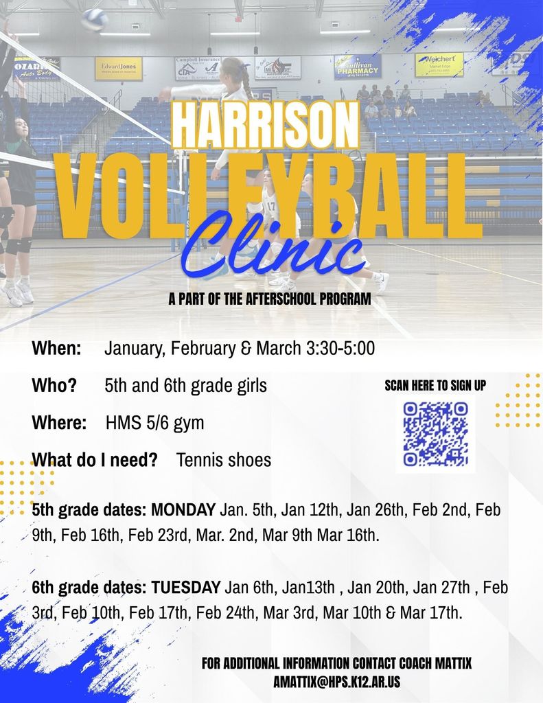 🏐 Volleyball Clinics Start Right After Break!  Our HMS After-School Volleyball Clinics begin January 5th for 5th grade girls and January 6th for 6th grade girls!  This is a part of the HMS After School Program.  Clinics run January–March from 3:30–5:00 PM in the HMS 5/6 Gym.  Please wear tennis shoes and be ready to play!  See the flyer below for additional dates and details.