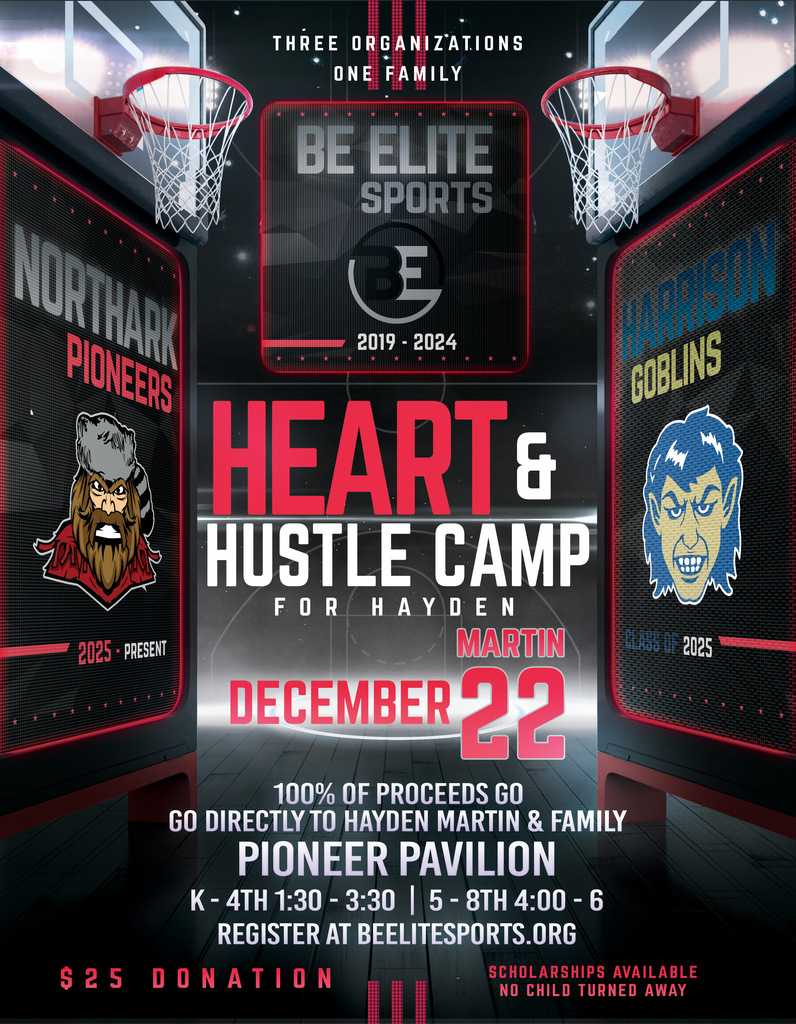 🏀❤️ Heart & Hustle Camp ❤️🏀  Join us on December 22 for a special Heart & Hustle Camp benefiting Hayden Martin and his family. Hosted by Be Elite Sports, this camp brings our communities together for a great cause.  📍 Pioneer Pavilion ⏰ K–4th: 1:30–3:30 | 5th–8th: 4:00–6:00 💲 $25 donation — 100% of proceeds go directly to the family 🎓 Scholarships available | No child turned away  Register at beelitesports.org  #HeartAndHustle #BeEliteSports #CommunityStrong #OneFamily #SupportHayden #BasketballCamp