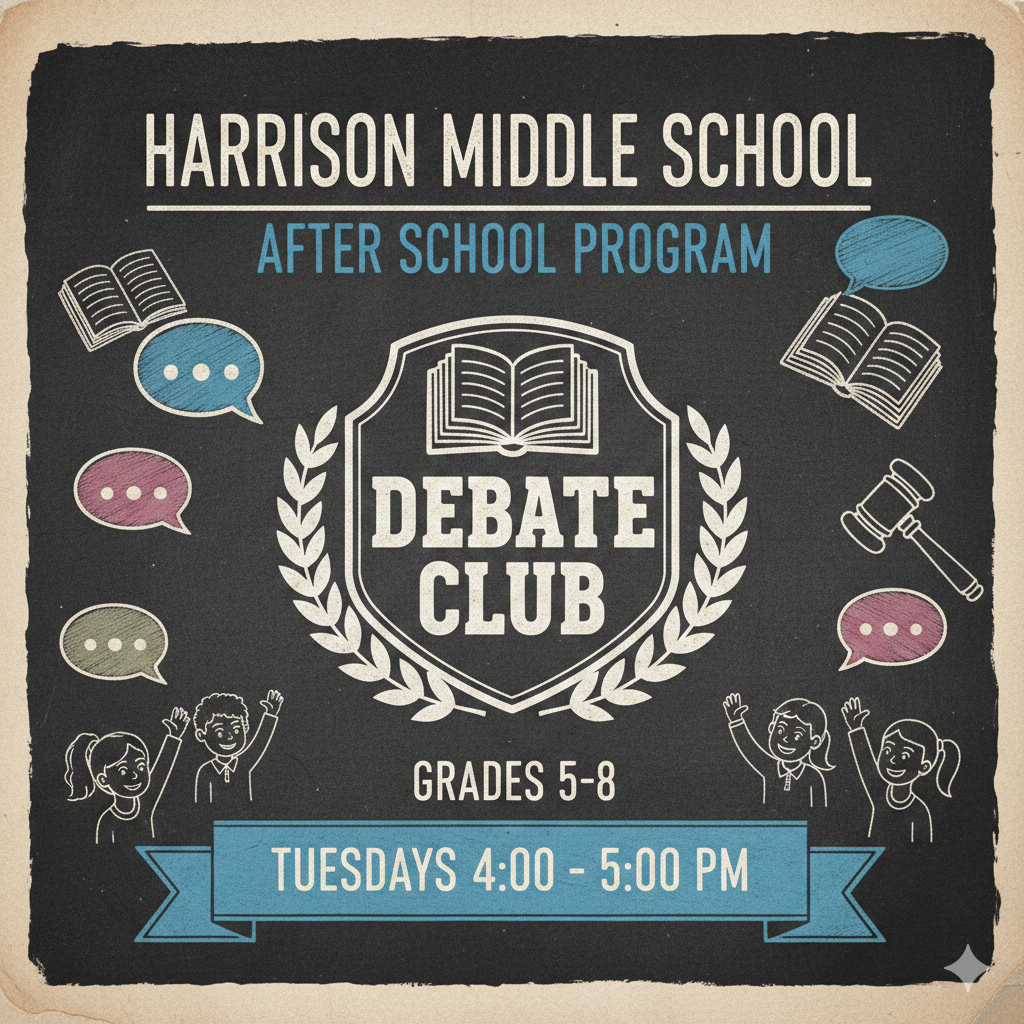 🗣️📚 Join the HMS Debate Club! 📚🗣️ Looking for a fun way to build confidence, think critically, and share your ideas? The Harrison Middle School Debate Club is open to grades 5–8 and is part of our HMS Afterschool Program!  🗓️ Tuesdays ⏰ 4:00–5:00 PM   Sharpen your speaking skills, learn to debate respectfully, and have fun with friends. We’d love to see you there—let your voice be heard! 💬💙💛