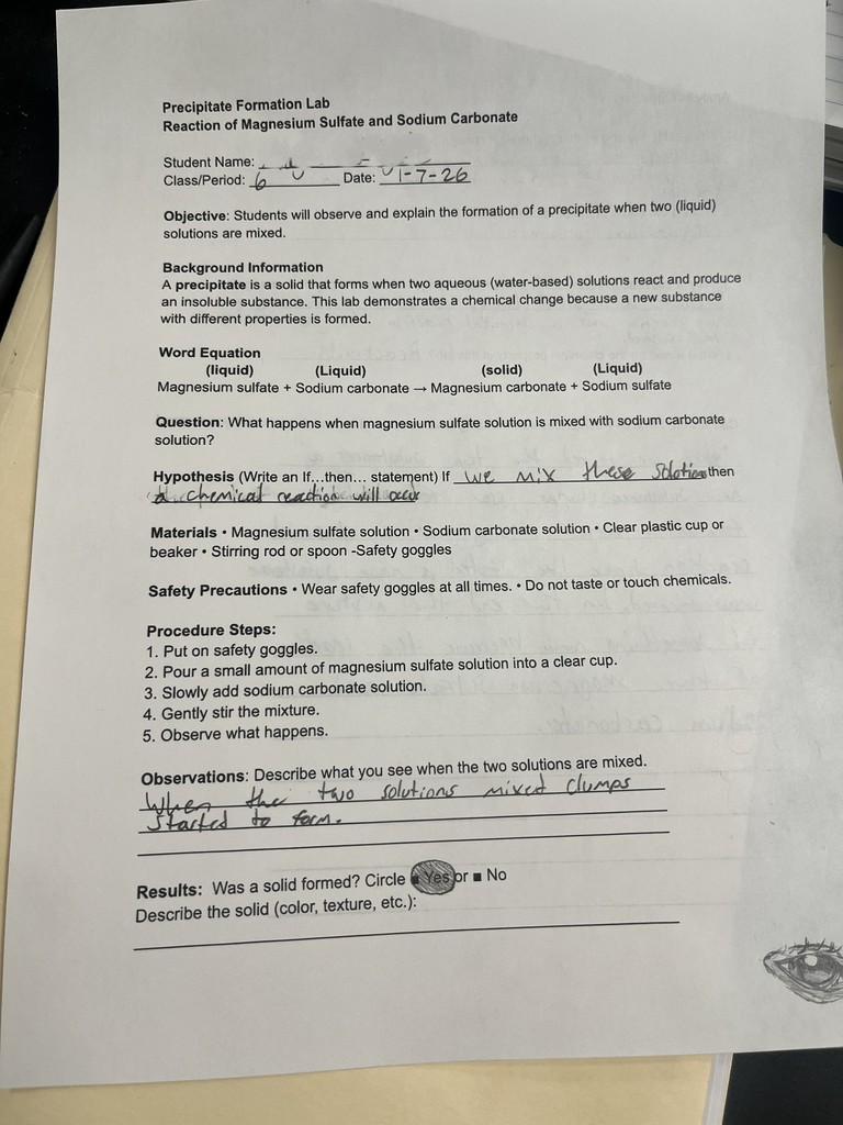 Science in action! 🧪 Mrs. Bryant’s class mixed magnesium sulfate and sodium carbonate during today’s precipitate lab, creating magnesium carbonate and sodium sulfate. Students loved seeing a chemical reaction produce a solid right before their eyes!  