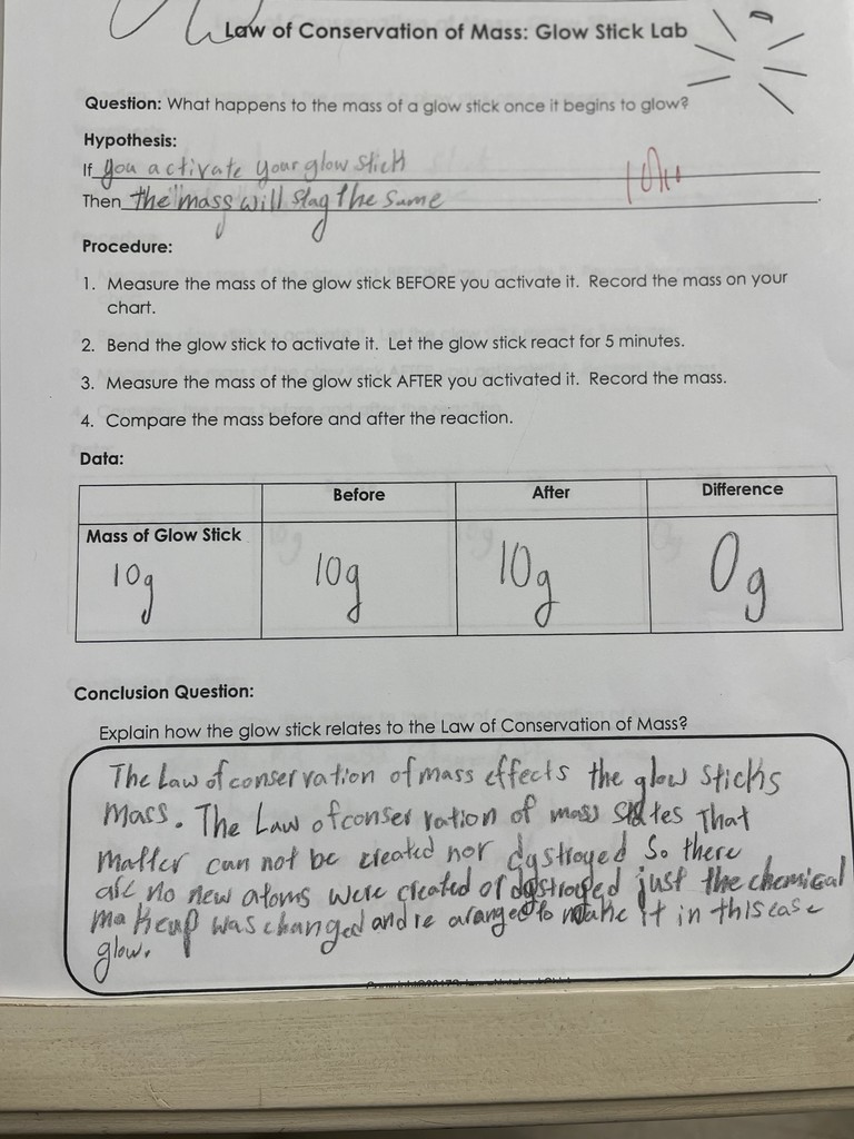 🔬✨ Science That Glows! ✨🔬  Mrs. Bryant’s class explored the Law of Conservation of Mass using glow sticks! When activated, a chemical reaction produced light—but the mass stayed the same before and after. 💡  Even though energy was released, no matter was created or destroyed—just rearranged! Science is truly glowing bright in this classroom! 💙💛  #HarrisonMiddleSchool #GreatGoblins #ScienceInAction #ConservationOfMass #GlowStickScience #HandsOnLearning
