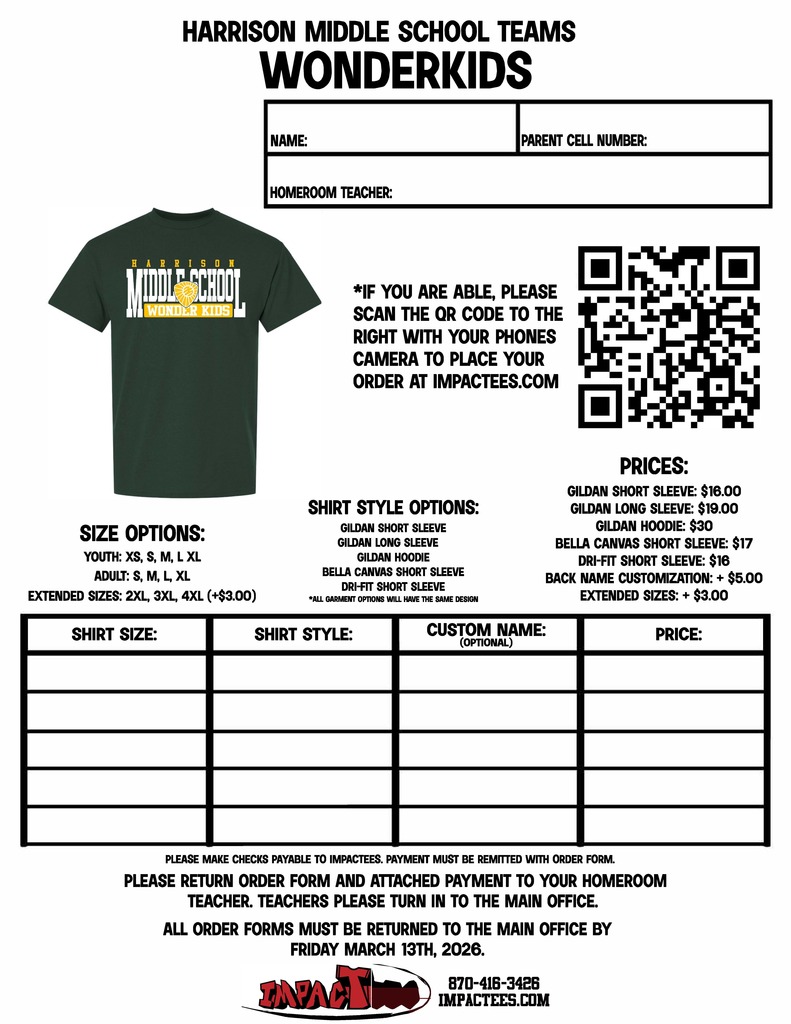 Show your HMS pride! 🎽 5th and 6th graders have the chance to purchase Team Spirit T-Shirts to wear during end-of-year celebrations and field trips. Not required — just a fun way to represent your team!  🗓️ Last day to order: Saturday, January 31, 2026 📲 Order at: impactees.com/hms or scan one of the QR codes below.  #HMSPride #TeamSpirit #FifthGrade #SixthGrade #MiddleSchoolLife #SchoolSpirit #GreatGoblins