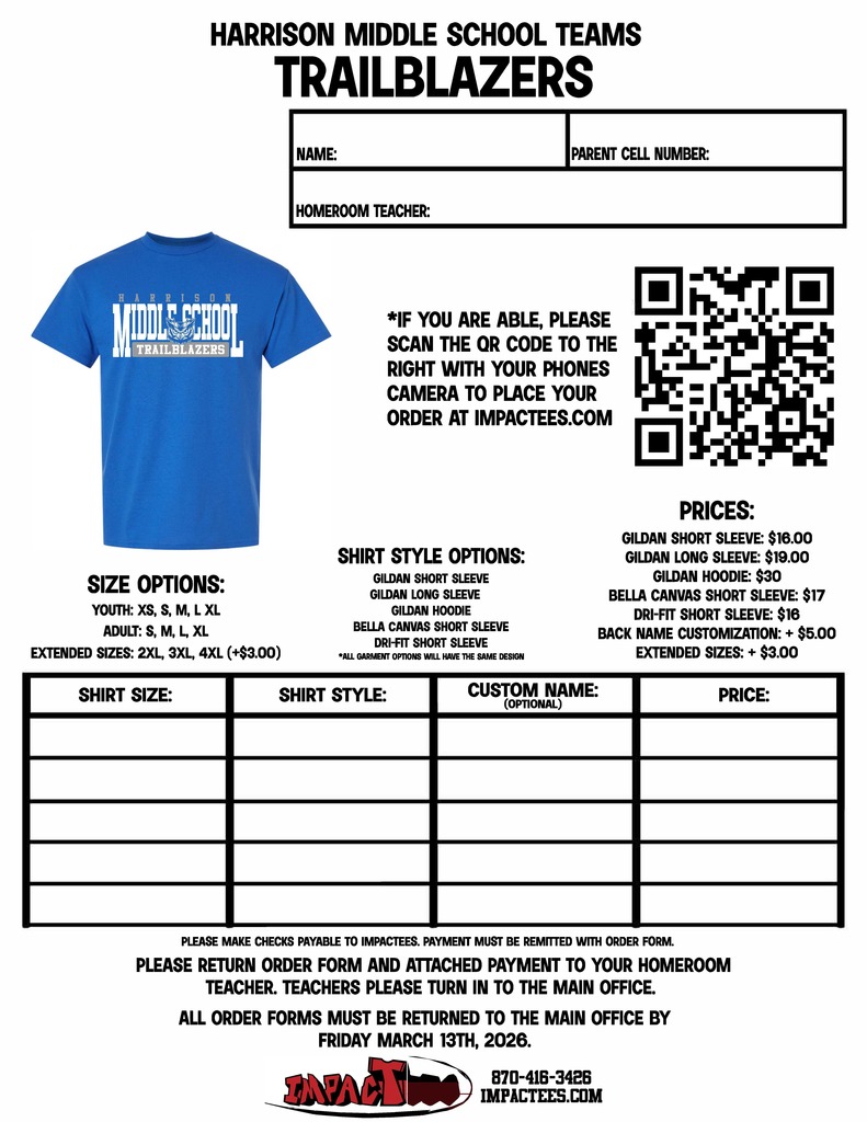 Show your HMS pride! 🎽 5th and 6th graders have the chance to purchase Team Spirit T-Shirts to wear during end-of-year celebrations and field trips. Not required — just a fun way to represent your team!  🗓️ Last day to order: Saturday, January 31, 2026 📲 Order at: impactees.com/hms or scan one of the QR codes below.  #HMSPride #TeamSpirit #FifthGrade #SixthGrade #MiddleSchoolLife #SchoolSpirit #GreatGoblins
