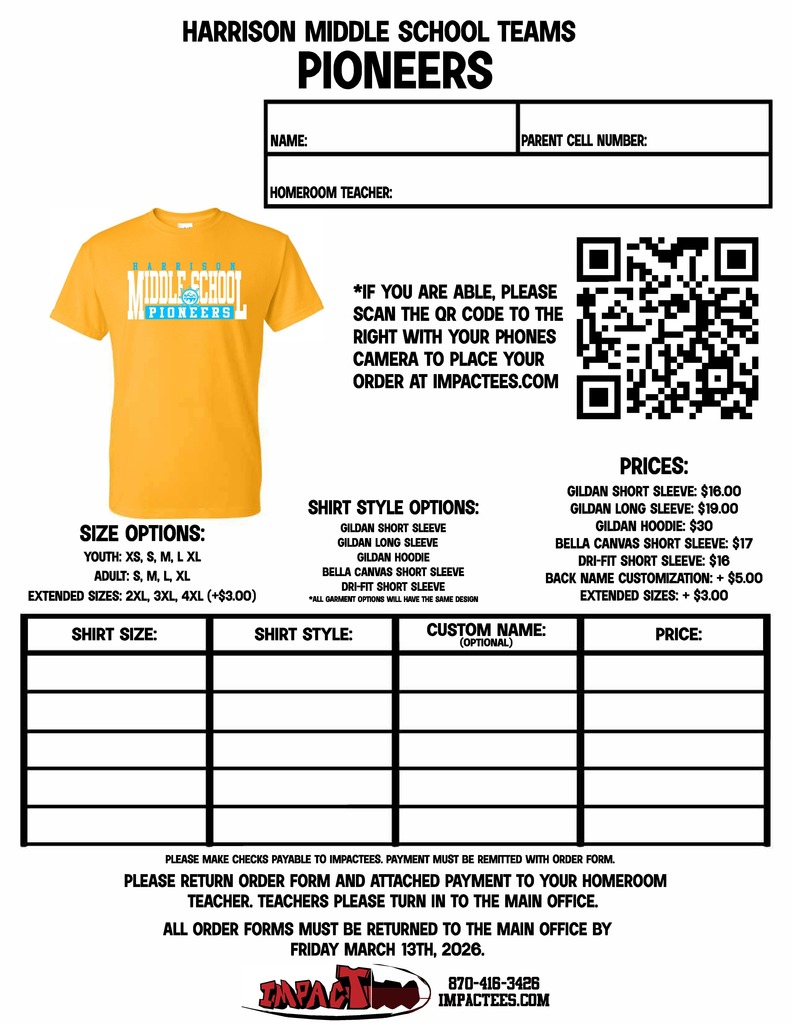 Show your HMS pride! 🎽 5th and 6th graders have the chance to purchase Team Spirit T-Shirts to wear during end-of-year celebrations and field trips. Not required — just a fun way to represent your team!  🗓️ Last day to order: Saturday, January 31, 2026 📲 Order at: impactees.com/hms or scan one of the QR codes below.  #HMSPride #TeamSpirit #FifthGrade #SixthGrade #MiddleSchoolLife #SchoolSpirit #GreatGoblins
