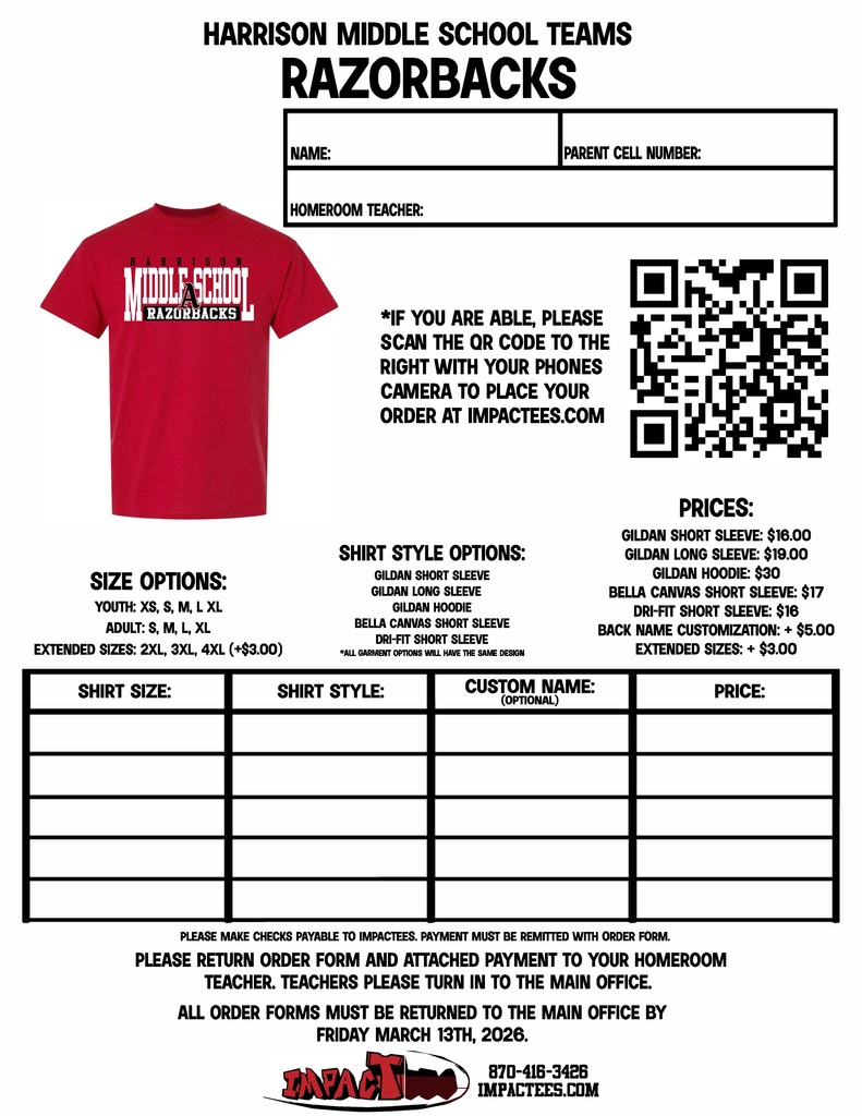 Show your HMS pride! 🎽 5th and 6th graders have the chance to purchase Team Spirit T-Shirts to wear during end-of-year celebrations and field trips. Not required — just a fun way to represent your team!  🗓️ Last day to order: Saturday, January 31, 2026 📲 Order at: impactees.com/hms or scan one of the QR codes below.  #HMSPride #TeamSpirit #FifthGrade #SixthGrade #MiddleSchoolLife #SchoolSpirit #GreatGoblins