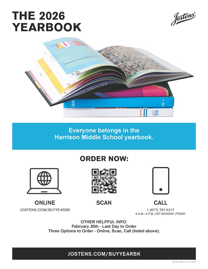 📘✨ The 2026 Harrison Middle School Yearbook is ON SALE! ✨📘 🎉 Everyone belongs in the HMS Yearbook! 🎉 Capture the memories, friendships, and moments that make this school year unforgettable! 💲 Yearbooks start at just $30! 🗓️ ⏰ Last Day to Order: February 20 📲 3 Easy Ways to Order: 💻 Order online through Jostens 📸 Scan the QR code on the flyer 📞 Call Jostens (Mon–Fri | 8–5 CST) 💙💛 Make sure your Goblin has a keepsake they’ll treasure forever! 💛💙 Order today! #HarrisonGoblinPride #HMSYearbook #GoblinStrong #EveryoneBelongs #SchoolSpirit #HarrisonMiddleSchool