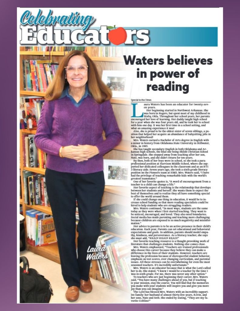 We are so proud to celebrate Mrs. Waters and this well-deserved recognition! 🍎✨  Harrison Middle School is incredibly blessed to have her as part of our team. Mrs. Waters inspires a love of reading in her students each and every day, and her dedication, kindness, and passion for education make a lasting impact.  We are so thankful she is a Goblin and proud to call her our teammate! 💙  #HarrisonMiddleSchool #GoblinPride #TeacherSpotlight #WeLoveOurTeachers