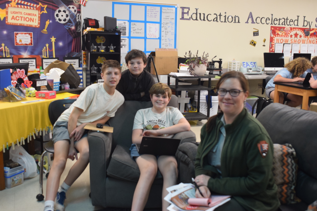 Teamwork truly makes the dream work — especially in EAST! 💡🙌  Today, our students had the opportunity to collaborate with two amazing community partners.  🧺 Heather Jenkins with the PTA met with Annabelle and Reese to discuss the logistics of installing a washer and dryer for their “Loads of Laundry” project.  🌲 Casey Johannsen from the National Park Service worked with Boone, Cole, and Freddy on designing a temperature monitoring sign and additional trail signage for their “Trailblazer’s Guide” project.  We are so thankful for community partners who invest their time, knowledge, and support into our students and their innovative EAST projects. Partnerships like these make a lasting impact! 💙  #EASTProgram #CommunityPartnerships #StudentInnovation #ProjectBasedLearning #Teamwork #FutureLeaders #MakingADifference