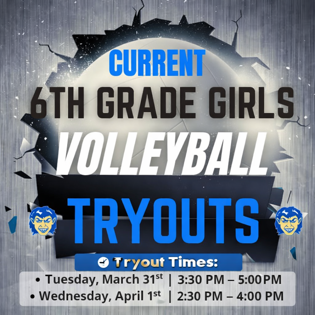 🏐 Harrison 7th Grade Volleyball Tryouts – 2026 Season! 🏐 Calling all current 6th grade girls! It’s almost time to hit the court and show us what you’ve got! 📅 March 31st & April 1st 📍 Meet at the HMS Gym (we’ll walk you up to LT’s court for tryouts) ⏰ Tryout Times: • Tuesday, March 31st | 3:30 PM – 5:00 PM • Wednesday, April 1st | 2:30 PM – 4:00 PM Please note: Tryouts are closed to parents. We can’t wait to see your skills, hustle, and team spirit on the court! — Coach Mattix & the Volleyball Coaching Staff 💙💛