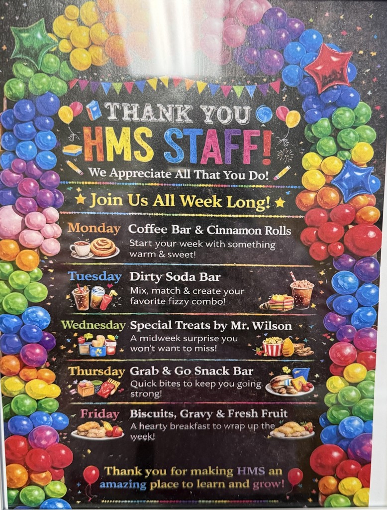 A big thank you to the HMS PTA for blessing our staff this morning with coffee and cinnamon rolls from Neighbor's Mill Bakery & Cafe! Your kindness is the perfect way to start the day. ☕✨