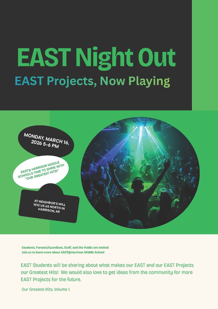 🎉 EAST Night Out – Round One is Tonight! 🎉  Join us tonight, March 16th from 5–6 PM at Neighbor’s Mill for the first EAST Night Out of the spring!  Parents/guardians, students, staff, and community members are all invited to stop by for this meet-and-greet style event and learn more about the incredible projects our HMS EAST students are working on.  The EAST Conference Team and students with projects heading to conference are encouraged to attend this first event. Additional students and projects will be highlighted at future EAST Night Out rounds later this spring — more information coming soon!  ✨ Projects being highlighted tonight: • TrailBlazer’s Guide • Bundles of Joy • Mural Tech • Steadimize • Performing Sports with God • Left in Good Hands • Keep it Clean • Hydroponics Helpers • Habitat Heroes • Art Beyond Sight  Come out, grab a coffee, and support the amazing work of our EAST students! ☕👏