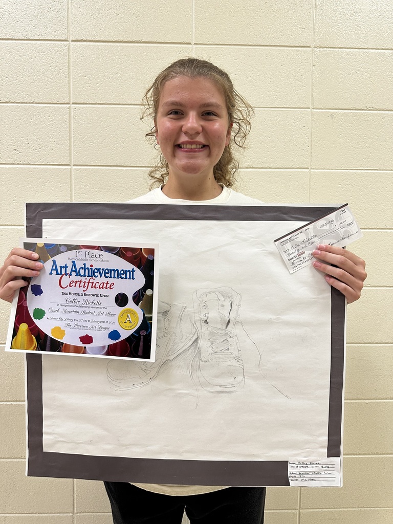 The 2026 Ozark Mountain Student Art Show took over the upstairs gallery at the Boone County Library this February and March, showcasing talent from local K-12 artists.  A huge shout-out from Coach Mattix and all of Harrison Middle School to our award winning students: Colbie Ricketts took home 1st place, and Jett Jones earned 2nd place! We are incredibly proud to have these talented artists representing our 7/8 art department. Congratulations to you both!    #HMSPride #GoblinPride #StudentSuccess #ArtShow #YoungArtists #AwardWinning #CreativeExcellence #HarrisonSchools #CelebrateSuccess #SupportTheArts #OzarkMountainArt #StudentAchievement 🎨  