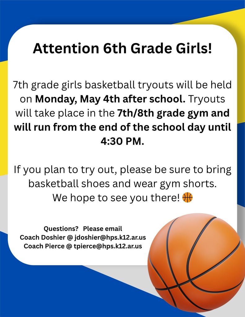 Attention 6th Grade Girls! 7th grade girls basketball tryouts will be held on Monday, May 4th after school. Tryouts will take place in the 7th/8th grade gym and will run from the end of the school day until 4:30 PM.  If you plan to try out, please be sure to bring basketball shoes and wear gym shorts.  We hope to see you there! 🏀