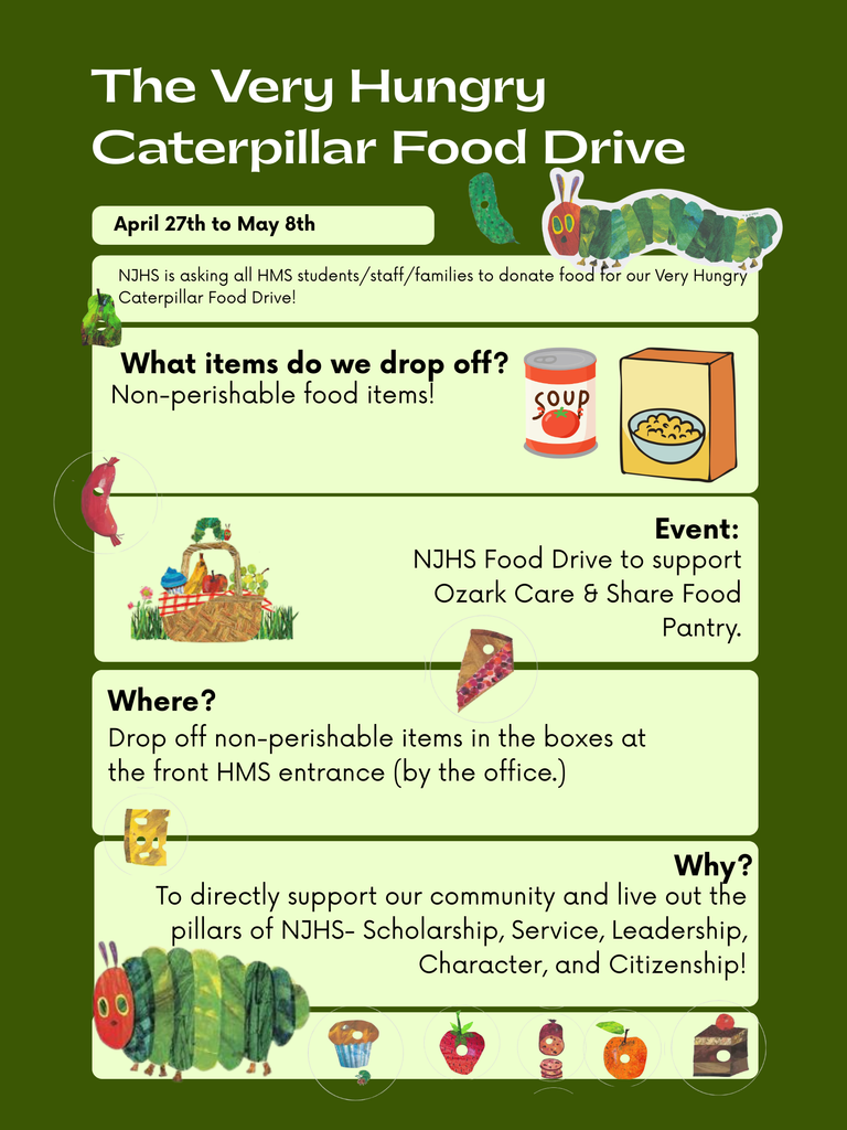 Harrison Middle School’s National Junior Honor Society is hosting a Food Drive to support the Ozark Share & Care Pantry!  We invite all HMS students, staff, and families to join us in giving back to our community. ❤️  📅 Dates: April 27 – May 8 📍 Drop-Off Location: Boxes at the HMS Front Entrance 🥫 Items Needed: Non-perishable food items  Every donation makes a difference and goes directly to helping families in our community. Let’s come together and show what it means to be Goblins who care! 💙  #HMSGoblins #NJHS #CommunityStrong #GiveBack #HarrisonAR