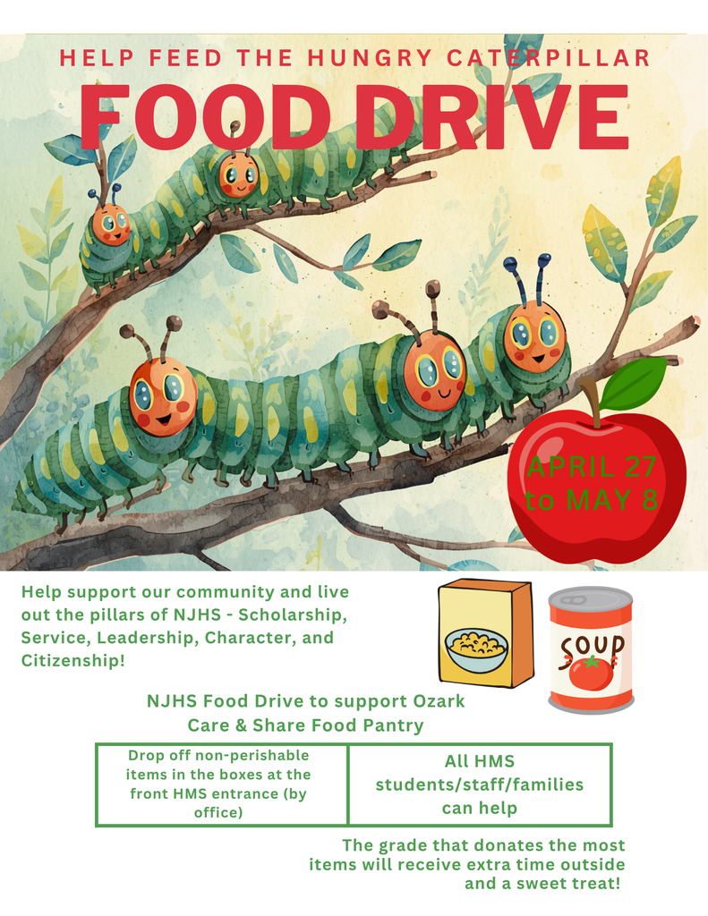Harrison Middle School’s National Junior Honor Society is hosting a Food Drive to support the Ozark Share & Care Pantry!  We invite all HMS students, staff, and families to join us in giving back to our community. ❤️  📅 Dates: April 27 – May 8 📍 Drop-Off Location: Boxes at the HMS Front Entrance 🥫 Items Needed: Non-perishable food items  Every donation makes a difference and goes directly to helping families in our community. Let’s come together and show what it means to be Goblins who care! 💙  #HMSGoblins #NJHS #CommunityStrong #GiveBack #HarrisonAR