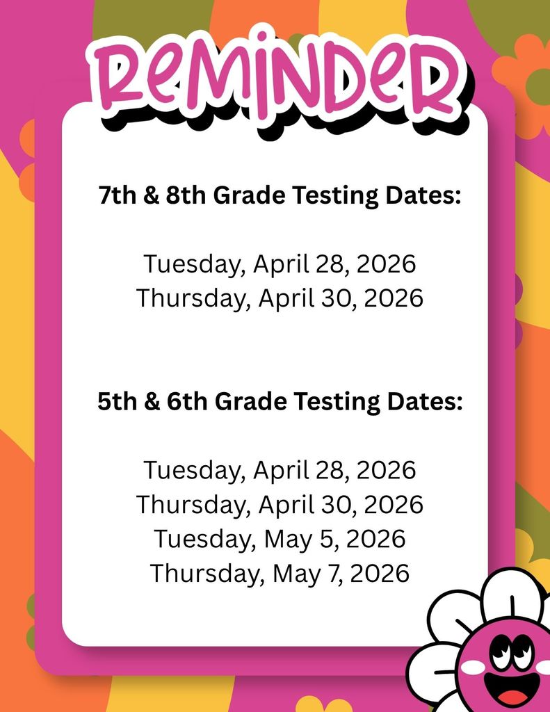 ATLAS Testing continues next week at HMS!  Our 7th & 8th grade students are heading into their final week, while 5th & 6th grade students begin their testing journey. We’re excited to see all of our students show what they’ve learned!  Testing Dates:  7th & 8th Grade • Tuesday, April 28 • Thursday, April 30  5th & 6th Grade • Tuesday, April 28 • Thursday, April 30 • Tuesday, May 5 • Thursday, May 7  Please help your student start each day strong by arriving on time—being on time ensures they can test with their class and do their very best!  We also encourage families to limit checkouts on testing days so students have the time they need to finish with confidence.  Let’s cheer on our students as they finish strong—we know they’re going to do amazing! 🎉📚💙