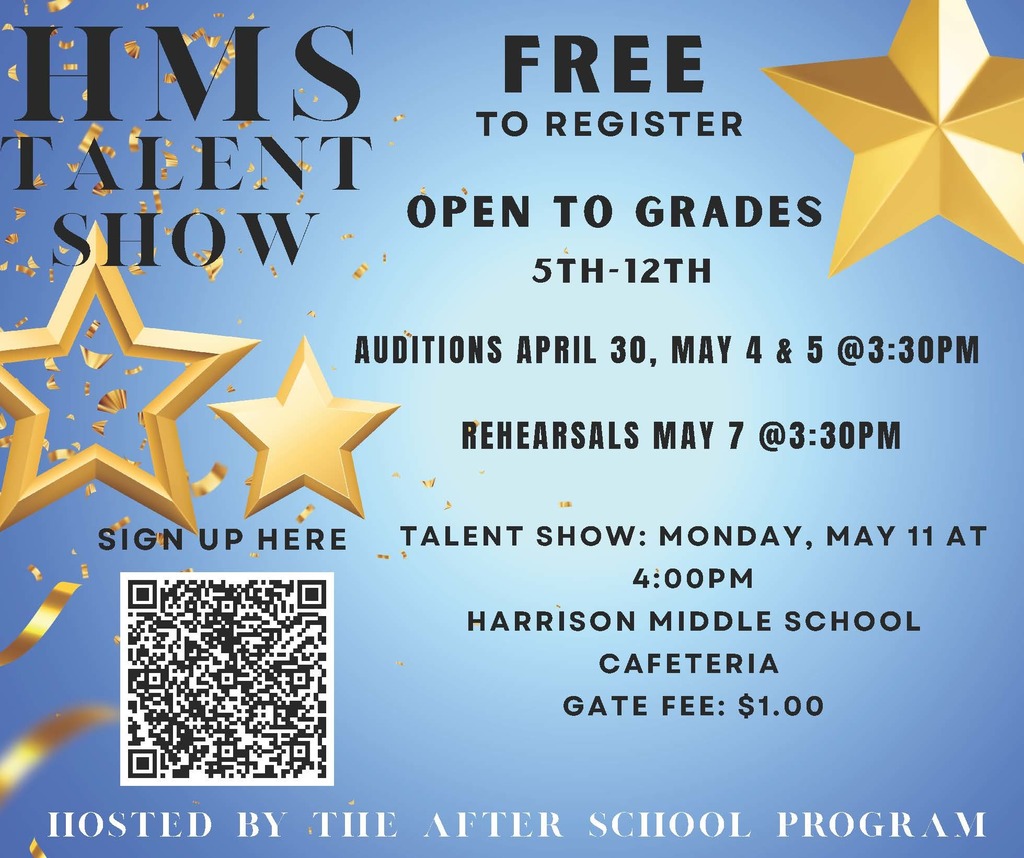 🌟🎤 HMS Talent Show is BACK! 🎤🌟  Do you sing, dance, act, play an instrument, or have a unique talent to share? Now’s your time to shine! ✨  📅 Auditions: April 30, May 4 & May 5 at 3:30 PM 🎭 Rehearsal: May 7 at 3:30 PM 🌟 Talent Show: Monday, May 11 at 4:00 PM 📍 HMS Cafeteria 🎟️ Admission: $1  This event is open to students in grades 5th–12th, and it’s FREE to sign up!  👏 Hosted by our After School Program  Bring your friends and family to cheer you on—we can’t wait to see all the amazing talent! 🙌  #HMSTalentShow #ShowYourTalent #GoblinPride
