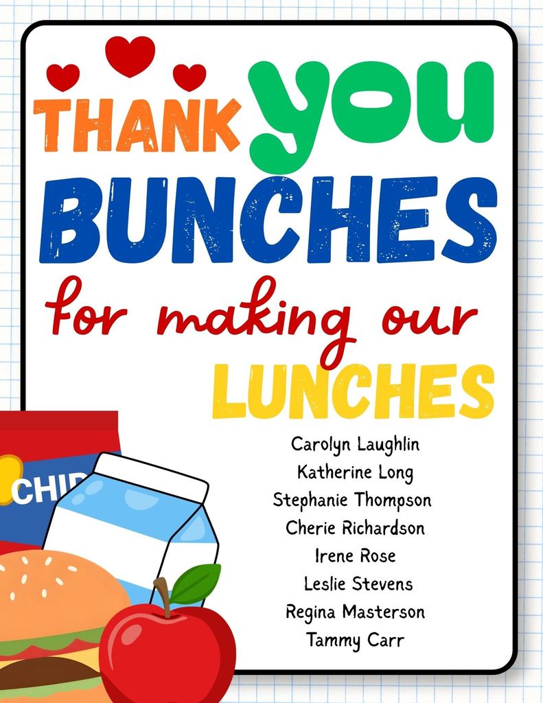 🍎🥪 School Lunch Hero Day at Harrison Middle School! 🥪🍎  Today we celebrate the incredible cafeteria team who keep our students nourished and ready to learn each day!  A big THANK YOU to: Carolyn Laughlin Katherine Long Stephanie Thompson Cherie Richardson Irene Neely Leslie Stevens Regina Masterson Tammy Carr  Thank you BUNCHES for making our LUNCHES with care, kindness, and dedication. Your impact is felt every single day, and we are so grateful for all that you do! 💙  #SchoolLunchHeroDay #HarrisonMiddleSchool #ThankYou #FuelingSuccess