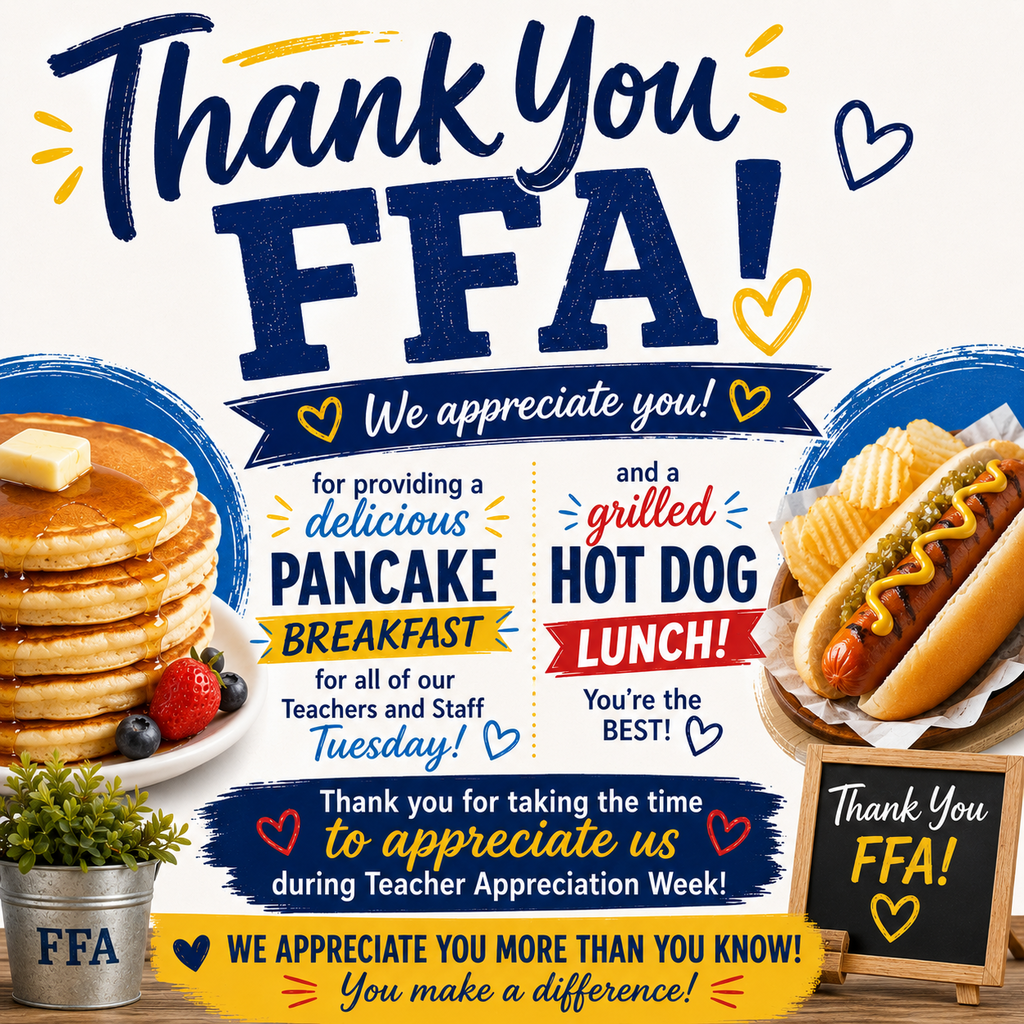 A huge THANK YOU to our incredible FFA students for treating our teachers and staff to a delicious pancake breakfast on Tuesday and a grilled hot dog lunch! 🥞🌭💙  Your thoughtfulness and effort to celebrate us during Teacher Appreciation Week did not go unnoticed. We truly appreciate the time you took to make our staff feel valued and supported.  Thank you for all you do to make our school community so special! #TeacherAppreciationWeek