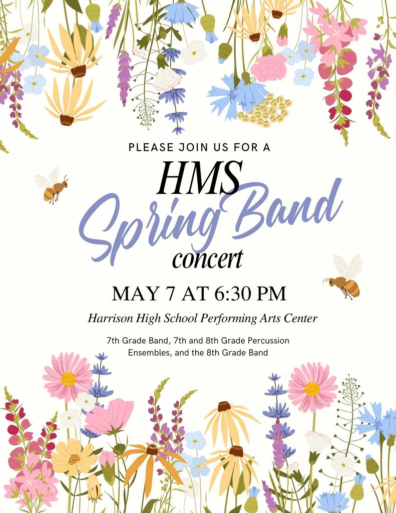 Join us tonight for the HMS Spring Band Concert! 🎶🎺🥁  Tonight’s concert will feature performances by: • 7th Grade Band • 7th & 8th Grade Percussion Ensembles • 8th Grade Band  Admission is free, and we would love to see our community come out and support our talented student musicians. We are proud of all the hard work and dedication these students have put into preparing for tonight’s performance! 🎵💙