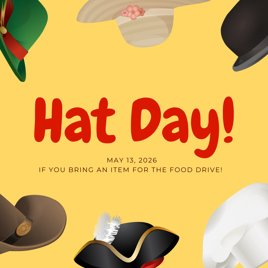 🎩 Hat Day is Coming to HMS! 🎩  On Wednesday, May 13, students may wear a hat to school if they bring an item for the HMS Food Drive! 🥫💛  Help us support families in our community while having a little fun at school. Every donated item helps make a difference!  Thank you for helping us give back and show what Goblin generosity is all about! 💙  #HMSSchool #GoblinPride #FoodDrive #HatDay #HelpingOthers #HarrisonSchools