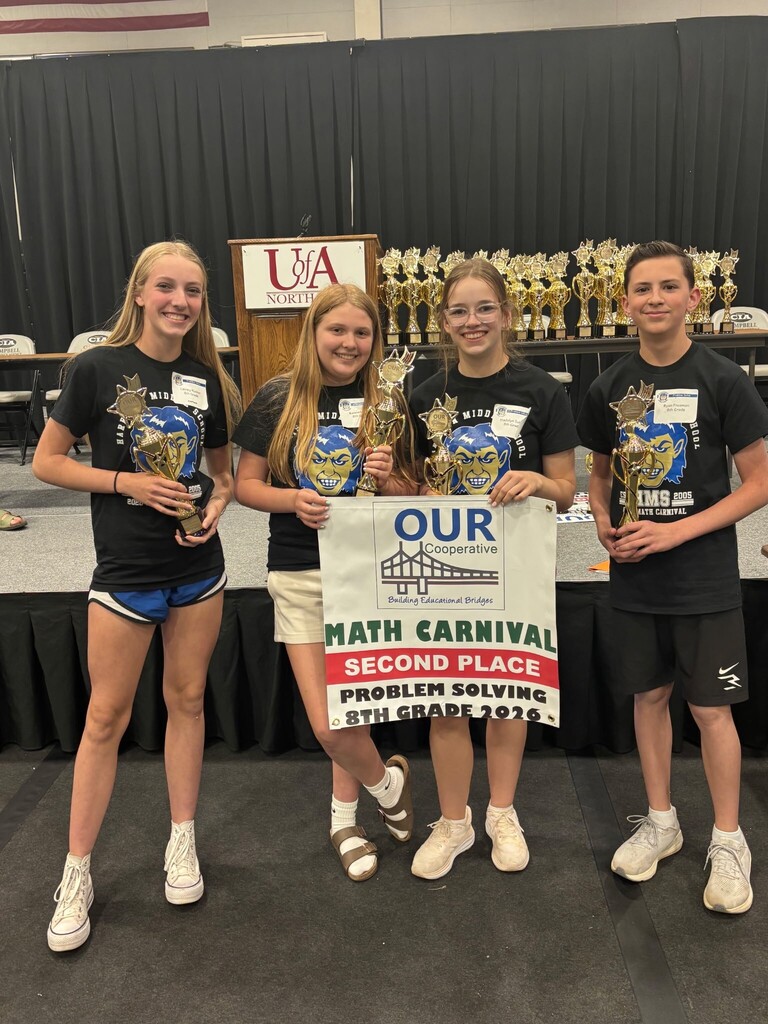 🧮🏆 HMS Students traveled to University of Arkansas at NorthARK today to compete in the OUR Cooperative Math Carnival — and they came home with some impressive hardware! Competing against 16 schools, our Goblins did an outstanding job showcasing their math skills, teamwork, and problem-solving abilities. 🏅 Competition Results: ➕ 5th Grade Problem Solving — 3rd Place ➕ 6th Grade Problem Solving — 3rd Place ➕ 8th Grade Problem Solving — 2nd Place 🧠 5th/6th Grade Jeopardy — 1st Place 🧠 7th/8th Grade Jeopardy — 1st Place 🧩 Rubik’s Cube Team — 2nd Place We also had several individual Rubik’s Cube winners! Congratulations to all of our HMS students and teachers for representing our school so well. We are proud of your hard work, determination, and success! 💙💛 #HMSGoblins #GoblinPride #MathCarnival #StudentSuccess #FutureProblemSolvers